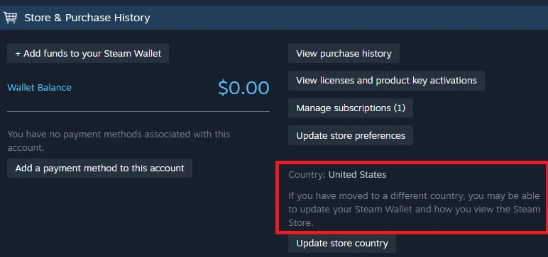 محل نمایش کشور فروشگاه در Account Details استیم